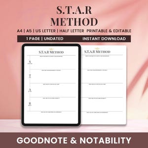 Op de afbeelding: Een digitale plantemplates met de "S.T.A.R METHOD" voor planning. Beschikbaar in A4, A5, US Letter en Half Letter formaten. Het ontwerp is printbaar en bewerkbaar, met een directe download. De tekst "GOODNOTE & NOTABILITY" staat onderaan.
