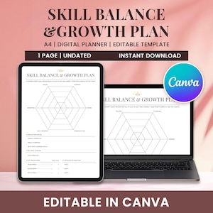 Może przedstawiać: Cyfrowy planer zatytułowany "Skill Balance & Growth Plan" wyświetlany na tablecie i laptopie. Planer zawiera sześciokątny wykres do śledzenia umiejętności i celów. Tekst zawiera "A4 | Digital Planner | Editable Template" i "Editable in Canva."