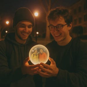 May include: Two people holding a glowing, spherical object with a photograph inside. The object is illuminated, casting a warm light. The background is dark with streetlights, suggesting an outdoor, nighttime setting.
