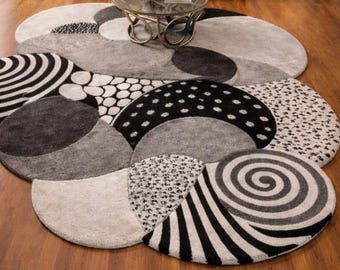 Hand Tufted Wool Rug, Abstract Geometric Carpet, Black White Living Room Designer Statement Rug