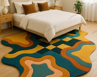 Unregelmäßiger gewellter Teppich | Retro Schachbrett Teppich | Mid-Century Modern Schlafzimmer & Wohnzimmer Dekor Made in india