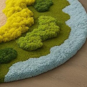 Pode incluir: Um tapete redondo com um design de paisagem. O tapete apresenta uma borda azul clara, &aacute;reas texturizadas verdes e amarelas e uma se&ccedil;&atilde;o bege. O tapete &eacute; feito de um material macio e felpudo.