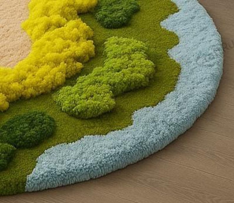 Pode incluir: Um tapete redondo com um design de paisagem. O tapete apresenta uma borda azul clara, &aacute;reas texturizadas verdes e amarelas e uma se&ccedil;&atilde;o bege. O tapete &eacute; feito de um material macio e felpudo.
