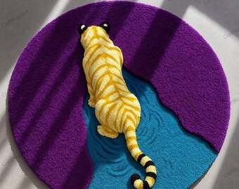 Handgemachter 3D Tiger Teppich: Handgemachter Tierteppich, Farbenfrohes Wohndekor aus Indien
