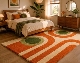 Hand Tufted Wool Area Rug, Retro Geometric Circle Rug, Mid Century Modern Carpet, Green Orange Living Room Decor Rug
