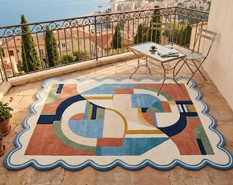 Tappeto geometrico smerlato, tappeto astratto colorato trapuntato, tappeto decorativo con bordo ondulato, arredamento moderno di metà secolo per soggiorno e camera da letto.