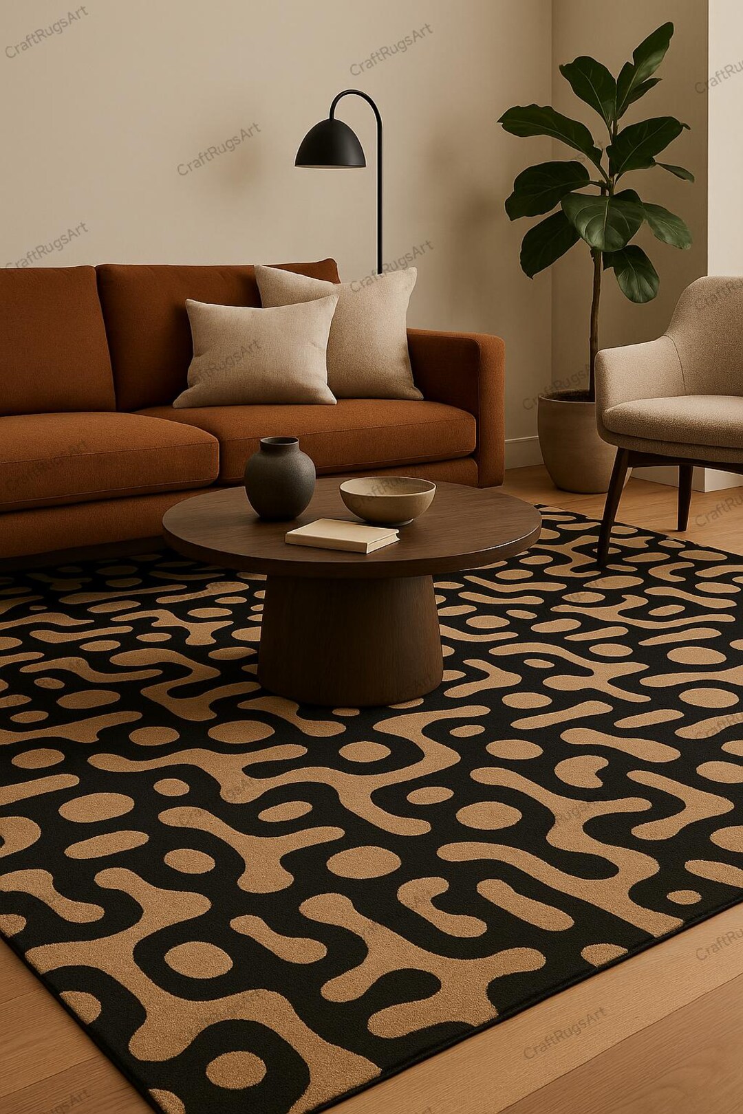 Camel Ivory Abstract Rug Black and Camel Abstract Area Rug | Mid-century Modern Carpet - Etsy