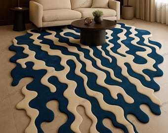 Abstract Wavy Rug: Blue & Ivory Melting Pattern - Modern Decor