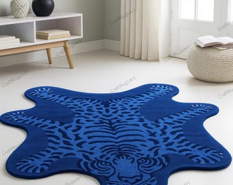 Hand-Tufted Blue Tiger Rug: Modern Wool Blend Animal Carpet