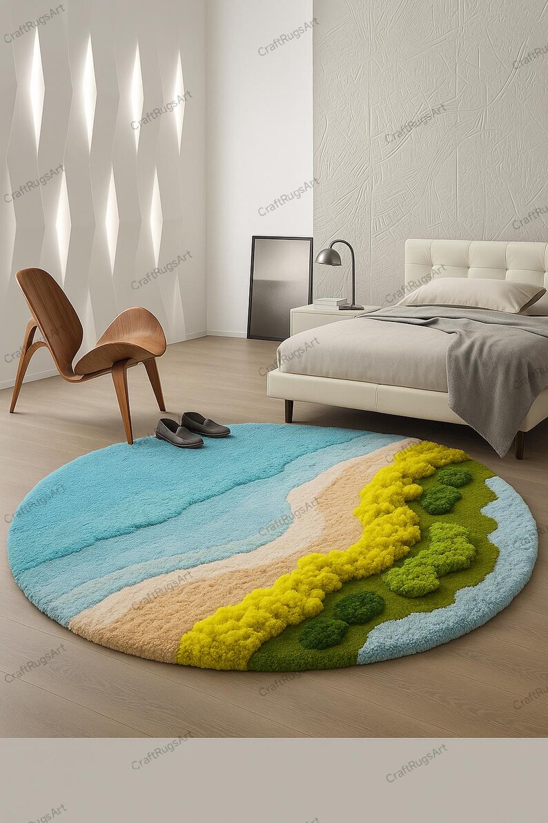 Pode incluir: Um tapete redondo com um design de cena de praia. O tapete apresenta um oceano azul, uma praia arenosa bege e uma &aacute;rea gramada verde e amarela. O tapete &eacute; colocado em um piso de madeira.