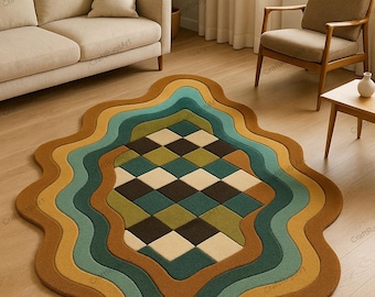 Wellenförmiger Schachbrett-Teppich im Retro-Look Unregelmäßig geformter Flächenteppich | Mid-Century Modern Bunt Wohnzimmer Dekor gemacht in Indien