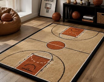 Hand Tufted Basketball Court Rug, Wool Area Rug, Sports Room Carpet, Modern Athletic Decor, Kids Playroom Living Room Rug