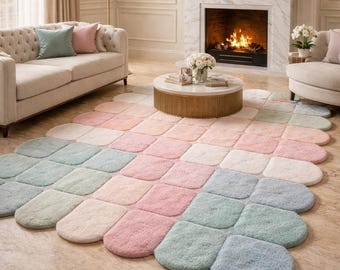 Hand Tufted Wool Rug, Pastel Checkerboard Organic Shape Carpet