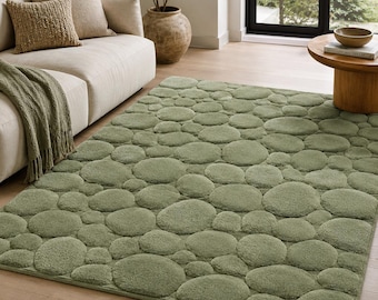 Hand Tufted Wool Pebble Rug, Sage Green Stone Area Rug, Organic Modern Living Room Carpet, Luxury Textured Floor Rug