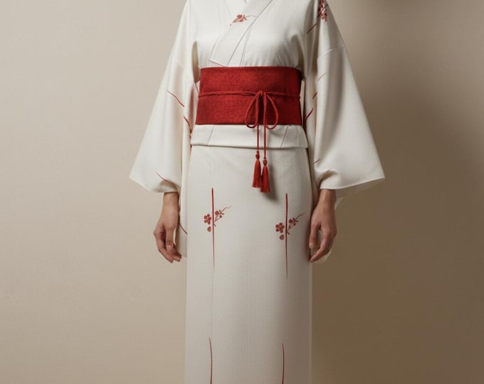 White Japanese Kimono with Red Obi Belt: Hand-Stitched Yukata Style