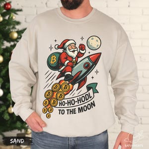 Ho Ho HODL Bitcoin Sweatshirt, Funny Crypto Christmas Sweater, Santa Rocket To The Moon Crewneck, Gift for Bitcoin Lovers and HODLers