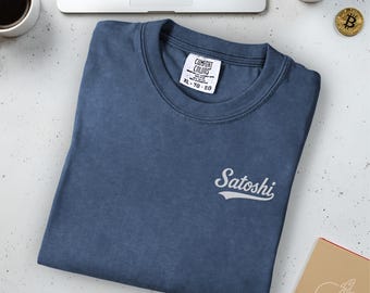 Satoshi Embroidered Bitcoin T-Shirt | Comfort Colors Crypto Streetwear Tee for Bitcoin Maximilists, Satoshi Nakamoto
