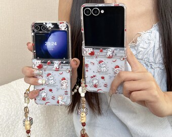 Red Apple Cute Cat Phone Case with Lanyard for Samsung Z Flip 7/6/5/4/3.