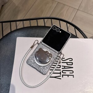 Silver Glitter Hello Kitty Phone Case with Strap, Compatible with Samsung Z Flip 7/6/5. Case + Strap
