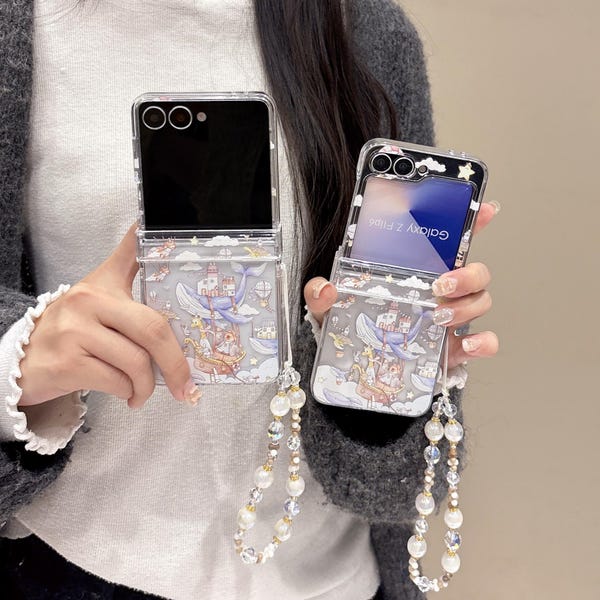 Cloud Drift Transparent Phone Case with Lanyard for Samsung Z Flip 7/6/5