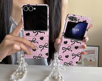 Pink Checkered Bow Phone Case with Strap for Samsung Z Flip 7/6/5/4/3
