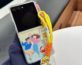 Sparkly Crayon Shin-chan Family Phone Case with Strap, Compatible with Samsung Z Flip 7/6/5