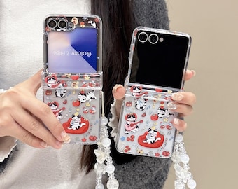 Cute Music Meow Star Phone Case (with Lanyard), Compatible with Samsung Z Flip 7/6/5.