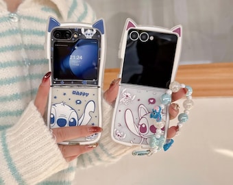 Leuke Stitch Cat Ear-telefoonhoes met sleutelkoord voor Samsung Z Flip 7/6/5