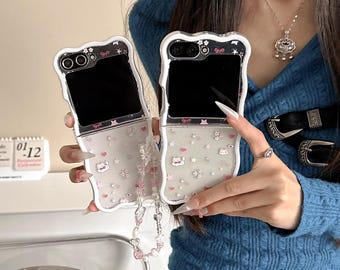 Cute Cat Flower Butterfly Wave Pattern Phone Case with Strap, Compatible with Samsung Z Flip 6/5/4/3.