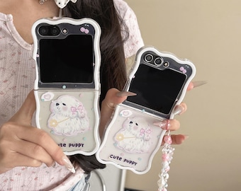 Cute Pink Puppy Wavy Pattern Phone Case with Strap for Samsung Z Flip 6, 5, 4, 3