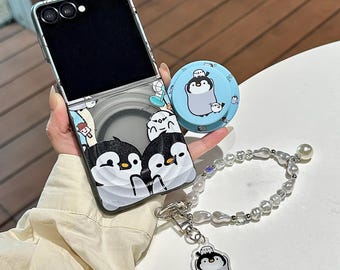 Adorable Penguin Ripple Magnetic Phone Case with Strap, Compatible with Samsung Z Flip 7/6/5/4/3