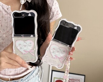 Cute Pink Bow Bunny Phone Case with Strap, Compatible with Samsung Z Flip 6/5/4/3