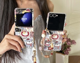 Cute Pet Sticker Phone Case with Strap for Samsung Z Flip 7/6/5/4/3
