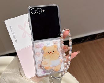 Magnetisch telefoonhoesje met glitterboterbeer en riem voor Samsung Z Flip 7/6/5