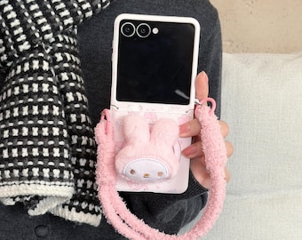 Pink Fluffy My Melody Magnetic Phone Stand Case with Strap, for Samsung Z Flip 7/6/5/4/3