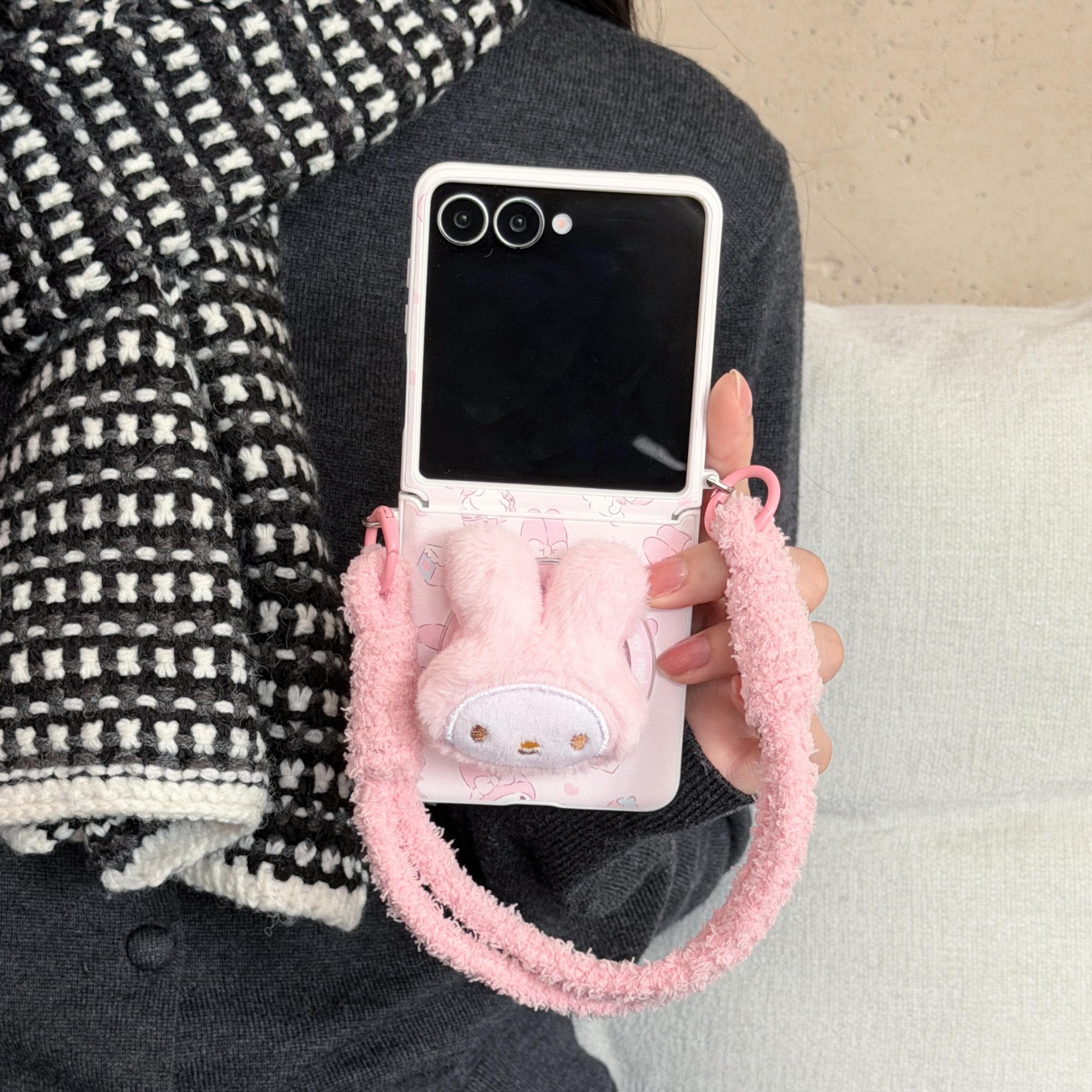 Pink Fluffy My Melody Magnetic Phone Stand Case With Strap, for
