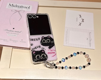 Cute Glittery Black Cat Phone Case with Lanyard for Samsung Z Flip 7/6/5