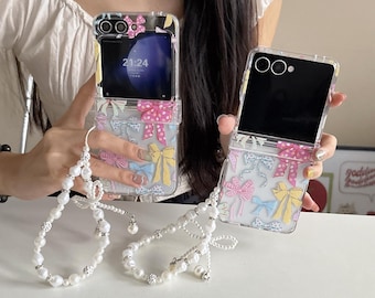 Colorful Bow Transparent Phone Case with Strap for Samsung Z Flip 7 6 5