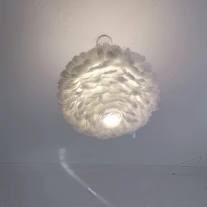 May include: A white, feathery pendant light fitting. The light is spherical and appears to be made of many individual feathers. The light is on, and the bulb is visible in the centre.