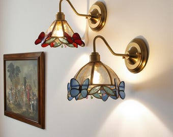 Art Deco Stained Glass Wall Sconce, Tiffany Style Butterfly Flower Lamp, Vintage Brass Bedside Light, Unique Cottagecore Home Decor