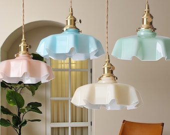 Vintage Scalloped Milk Glass Pendant Light: Antique Brass Cottagecore Chandelier