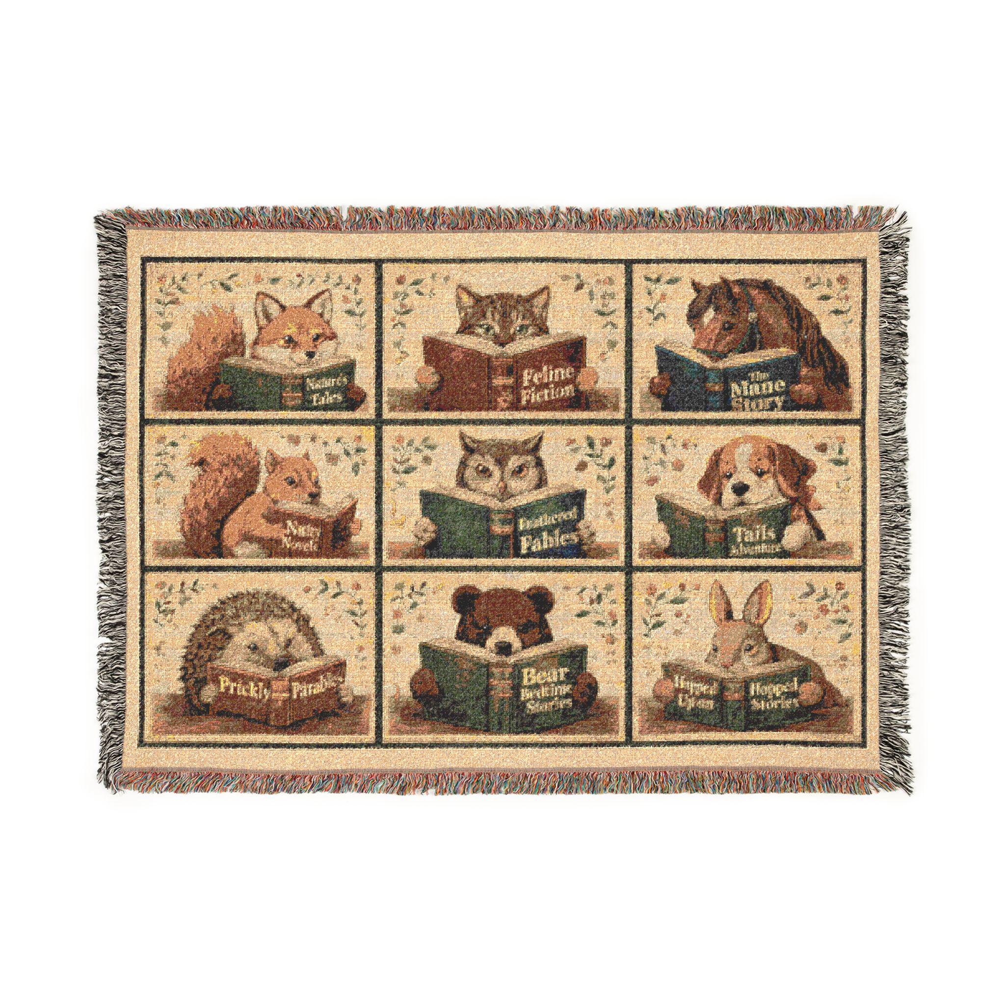 Reading Cats Dogs Horse Bear Rabbit Fox Owl Woven Blanket | Cat Library Tapestry Throw