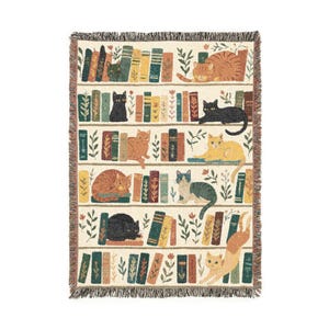 Bookshelf Cats Blanket Cozy Book Lover Throw Library Cat Decor Reading Nook Cottagecore Gift