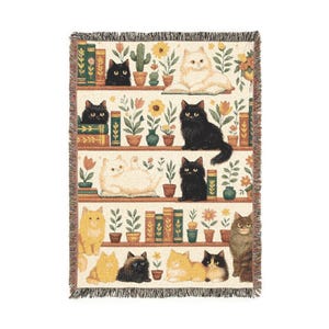 Bookshelf Long Hair Cats Blanket Cozy Book Lover Throw Library Cat Decor Reading Nook Cottagecore Gift Plants