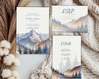 Invitación de boda en la montaña: paisaje de atardecer azul (plantilla editable de Canva)