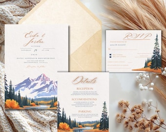 Invitación de boda con diseño de montaña otoñal, lago otoñal, plantilla editable de Canva (descarga digital)