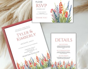 Invitación de boda con flores silvestres, plantilla de Canva con diseño floral de lupino (digital)