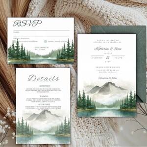 Watercolor Mountain Wedding Invitation Suite, Rustic Pine Forest (Canva Template)