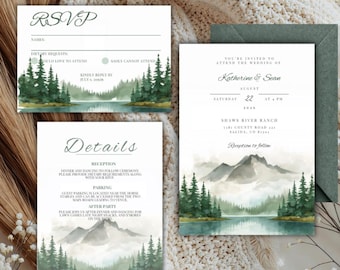 Invitación de boda con acuarela de montaña y bosque de pinos rústicos (plantilla de Canva)