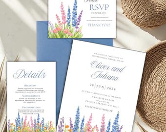 Invitación de boda con flores silvestres, diseño floral de lupino, plantilla editable de Canva (digital)